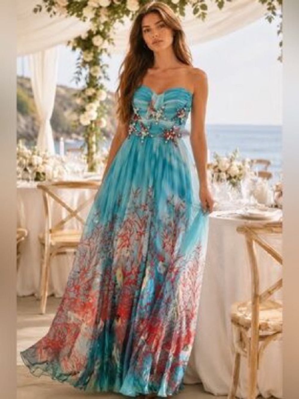 Vintage Y2K Caché "Under the Sea" 100% Silk Beaded Starfish Prom Maxi Dress